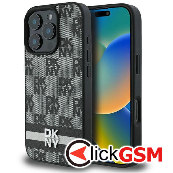 DKNY - Leather  Hardcase Checkered Pattern & Printed Stripes (DKHCP16XPCPTSSK) - iPhone 16 Pro Max - Black