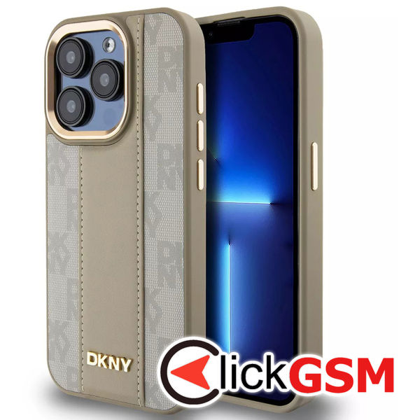 DKNY - Leather Hardcase Grained PU Metal Logo MagSafe (DKHMP15SPGHLME) - iPhone 15 - Beige