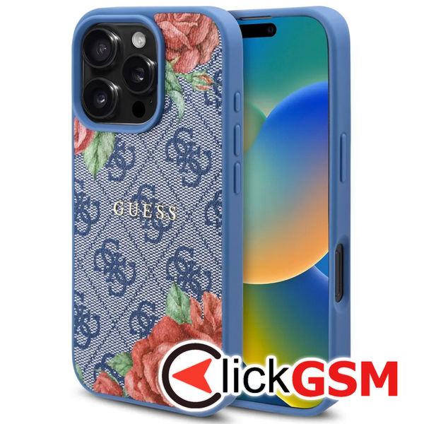 Guess - Hardcase 4G Flower Print MagSafe (GUHMP16LP4ROPEMCB) - iPhone 16 Pro - Blue
