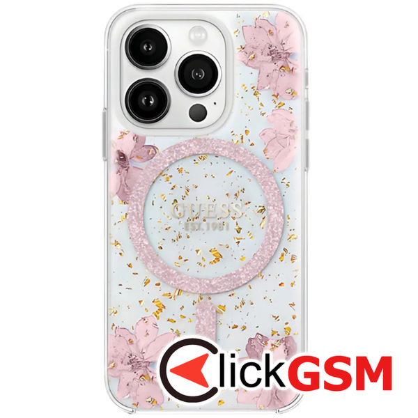 Guess - Hardcase Resin Flowers and Glitter MagSafe (GUHMP16SRBFGFGMP) - iPhone 16 - Pink