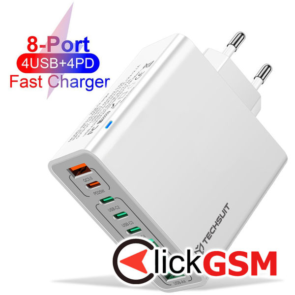 Techsuit - Wall Charger (CHPD224) - 4 x USB, 4 X Type-C, Fast Charging, 65W - White