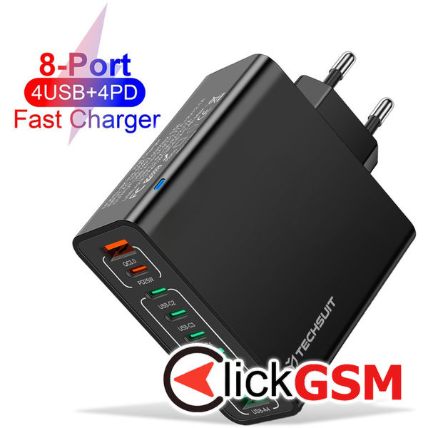 Techsuit - Wall Charger (CHPD224) - 4 x USB, 4 X Type-C, Fast Charging, 65W - Black
