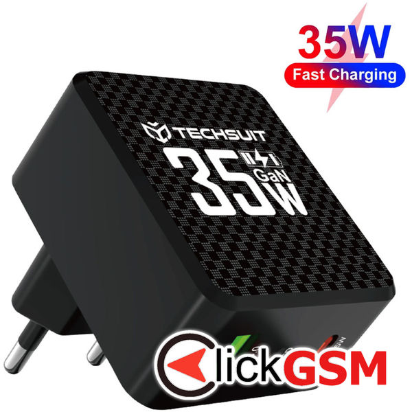 Techsuit - Premium Wall Charger Tiny Series (CHPD173) - GaN, USB, Type-C, Fast Charge, PD35W - Black