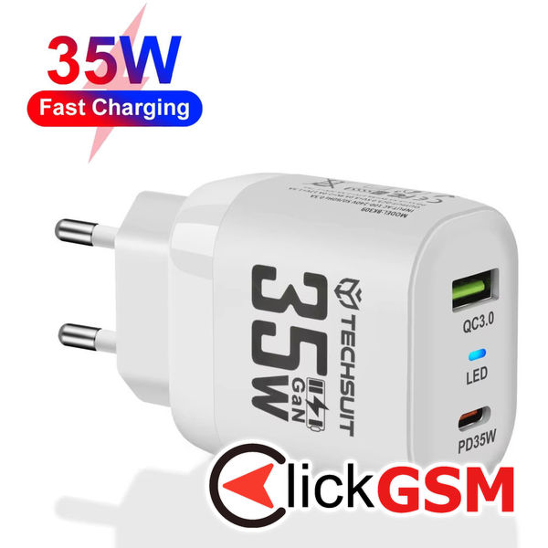 Techsuit - Premium Wall Charger (CHPD174) - GaN, USB QC3.0, Type-C PD35W - White