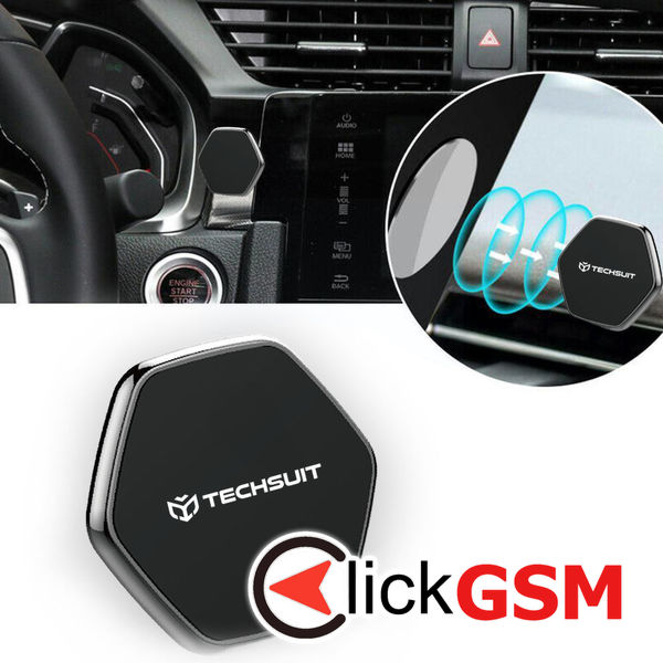 Techsuit - Phone Holder Tiny Series (HOLD210-C) - Dashboard Magnetic Grip, Multipurpose Use, Hexagonal, 2 Metal Plates - Black