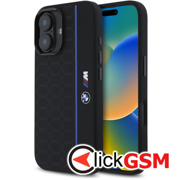 BMW - Hardcase Silicone Hexagon Blue Line MagSafe (BMHMP16S23SHEB) - iPhone 16 - Black