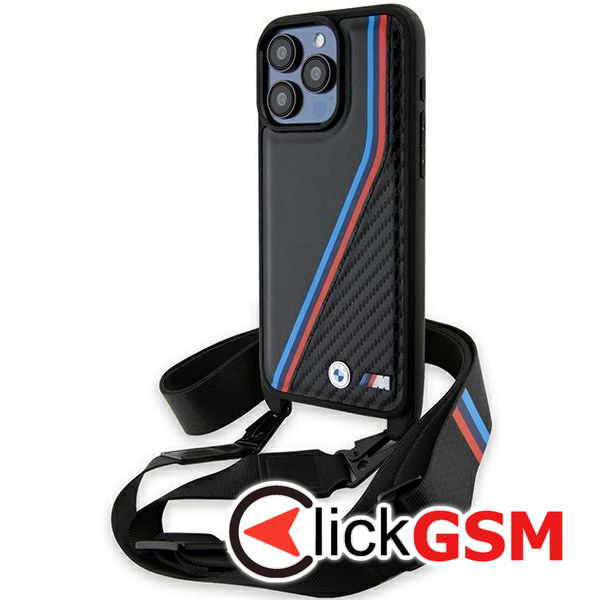 BMW - Leather M Edition Carbon Tricolor Lines & Strap (BMHCP15X23PSVTK) - iPhone 15 Pro Max - Black