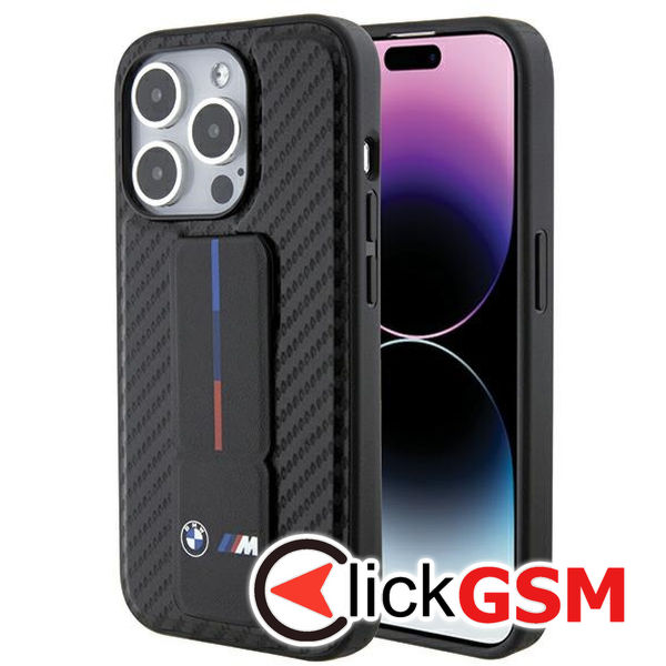 BMW - Leather Grip Stand Smooth & Carbon (BMHCP15LGSPCCK) - iPhone 15 Pro - Black