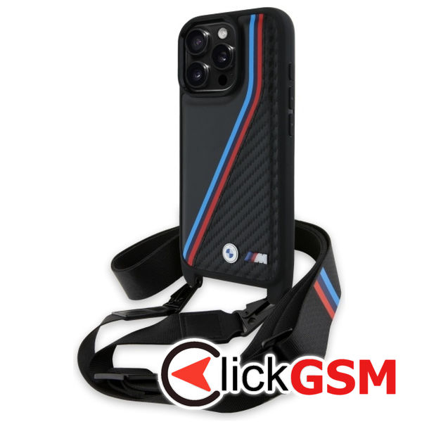 BMW - Leather M Edition Carbon Tricolor Lines & Strap (BMHCP16L23PSVTK) - iPhone 16 Pro - Black