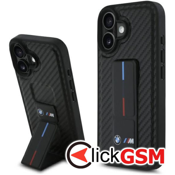 BMW - Leather M Grip Stand Smooth and Carbon (BMHCP16SGSPCCK) - iPhone 16 - Black