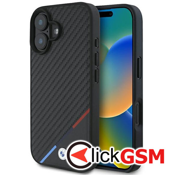 BMW - Leather Carbon Tricolor Line MagSafe (BMHMP16M23PUDTK) - iPhone 16 Plus - Black