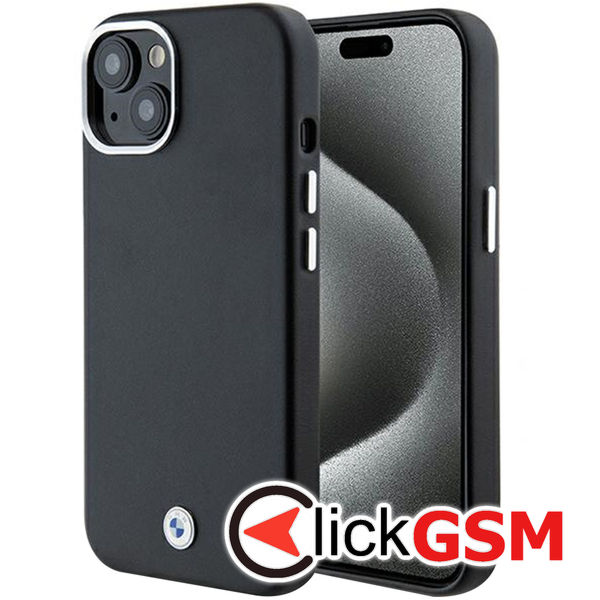 BMW - Leather Signature Wrapped Metal MagSafe (BMHMP15M23PUFWK) - iPhone 15 Plus - Black