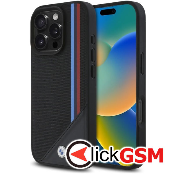 BMW - Leather M Meshed Tricolor Stripes MagSafe (BMHMP16X23PUTRK) - iPhone 16 Pro Max - Black
