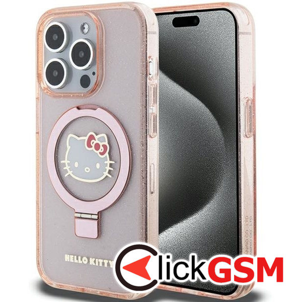 Hello Kitty - Hardcase Ring Stand Glitter Electrop Logo MagSafe (HKHMP15LHRSGEP) - iPhone 15 Pro - Pink