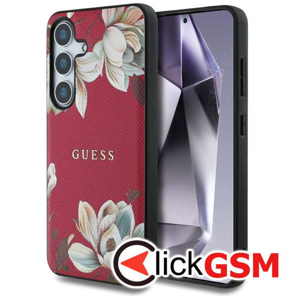 Guess - Grained Flowers MagSafe (GUHMS25SPGNMPLMF) - Samsung Galaxy S25 - Fuchsia