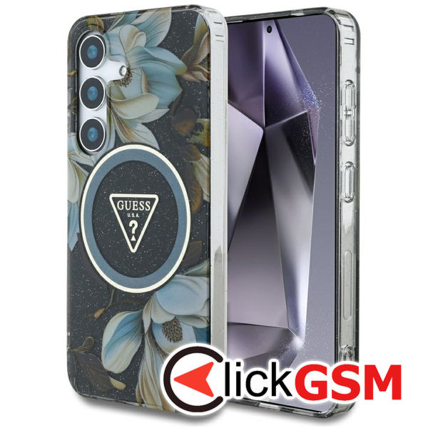 Guess - IML Metal Glitter Flowers Triangle MagSafe (GUHMS25SHFLPEDK) - Samsung Galaxy S25 - Black