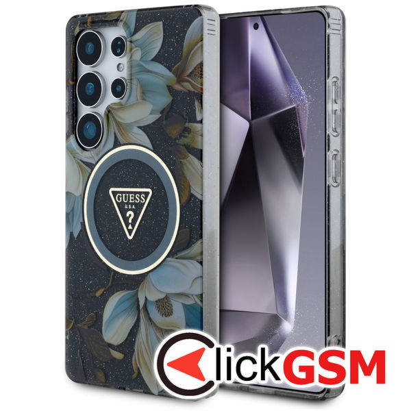 Guess - IML Metal Glitter Flowers Triangle MagSafe (GUHMS25LHFLPEDK) - Samsung Galaxy S25 Ultra - Black