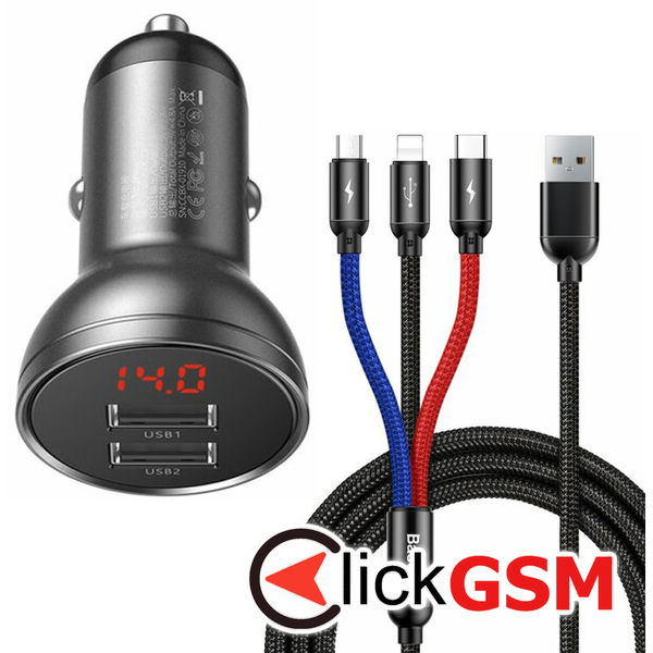 Baseus - Car Charger (TZCCBX-0G) - Digital Display, 2xUSB-A, 24W with Cable USB to Type-C, Lightning, Micro-USB - Black