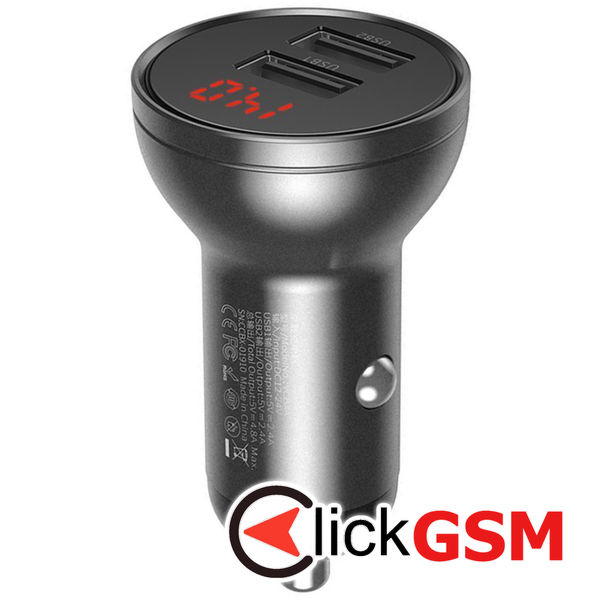 Baseus - Car Charger (CCBX-0G) - Digital Display, 2xUSB-A, 24W - Gray