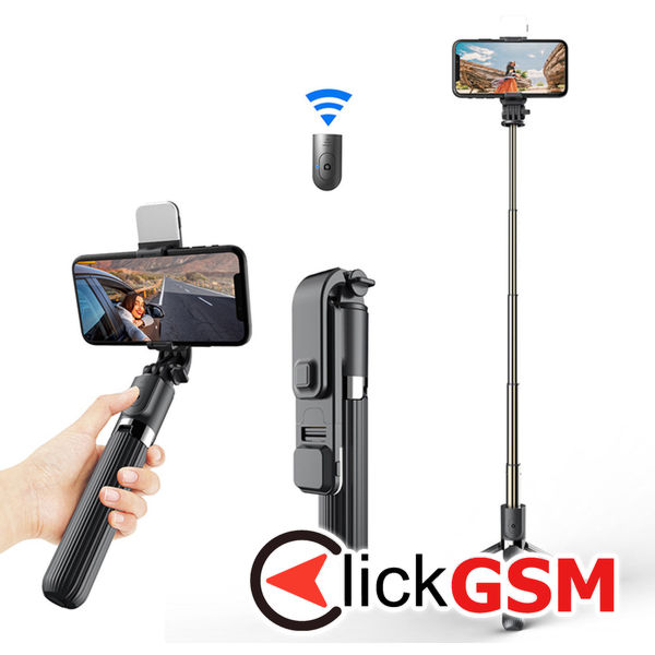 Techsuit - Selfie Stick (L03S) - with Bluetooth Remote, Stable Tripod Mount, Led Light, 84cm - Black