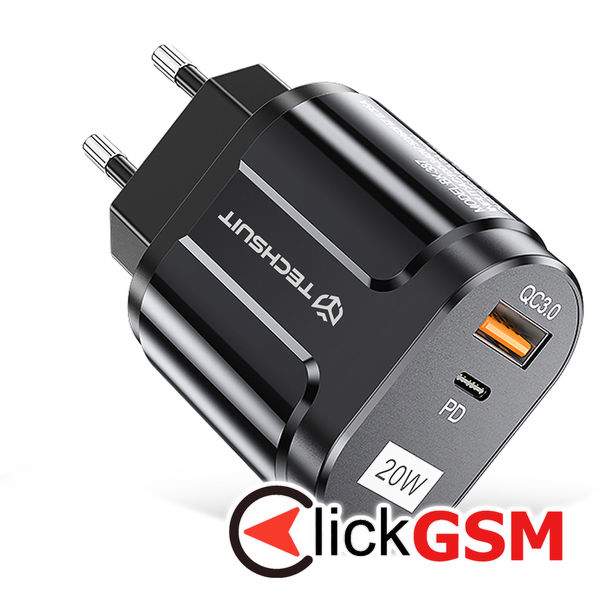 Techsuit - Wall Charger Premium (CHPD038) - USB-A, QC 3.0, USB-C, 20W - Black