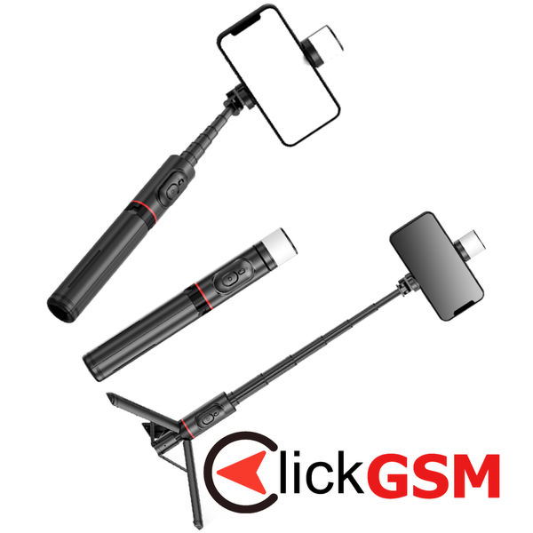 Techsuit - Selfie Stick (Q12S) - Stable Tripod Mount with Bluetooth Remote and LED Light, 75cm - Black