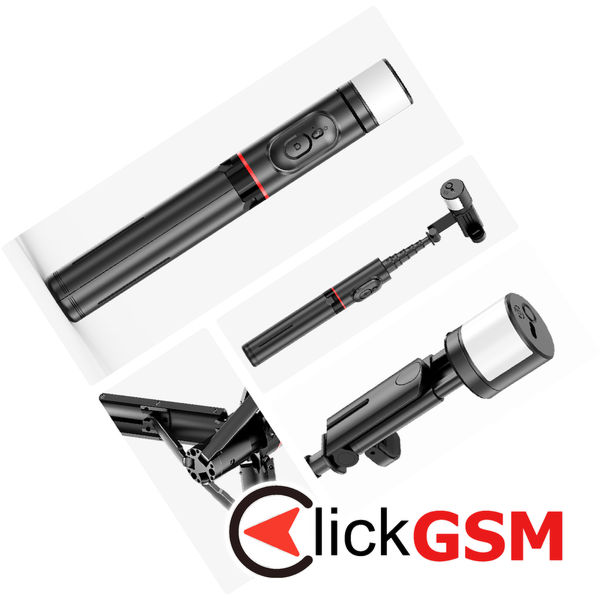 Techsuit - Selfie Stick (Q12S) - Stable Tripod Mount with Bluetooth Remote and LED Light, 75cm - Black