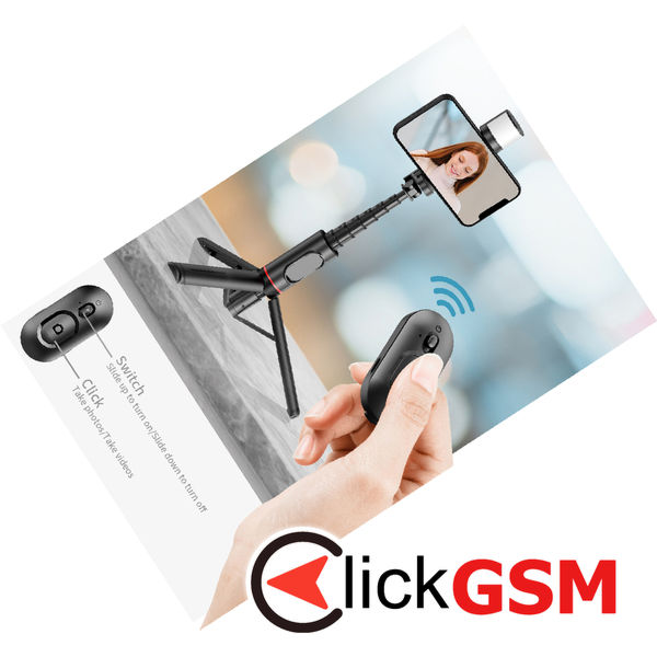 Techsuit - Selfie Stick (Q12S) - Stable Tripod Mount with Bluetooth Remote and LED Light, 75cm - Black