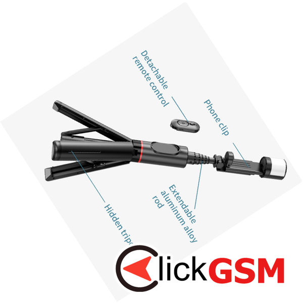 Techsuit - Selfie Stick (Q12S) - Stable Tripod Mount with Bluetooth Remote and LED Light, 75cm - Black