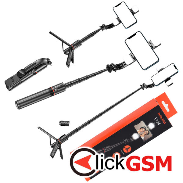 Techsuit - Selfie Stick (L12D) - Stable Tripod with Bluetooth Remote Control, 2x Detachable LED Light, 108cm - Black