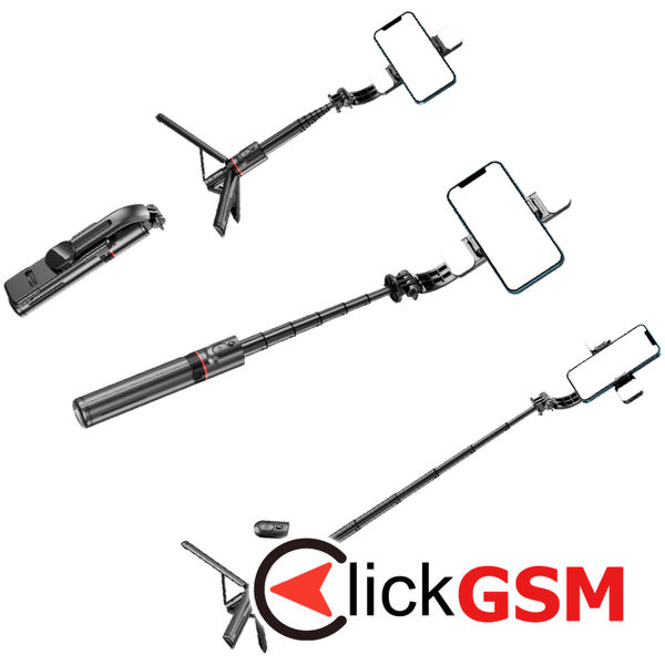 Techsuit - Selfie Stick (L12D) - Stable Tripod with Bluetooth Remote Control, 2x Detachable LED Light, 108cm - Black