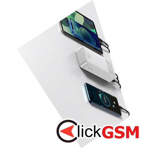 Baseus - Power Bank Bipow (PPBD050202) - Digital Display 2xUSB, USB-C, Micro-USB 30000mAh 15W + Cable Micro-USB 0.25m - White