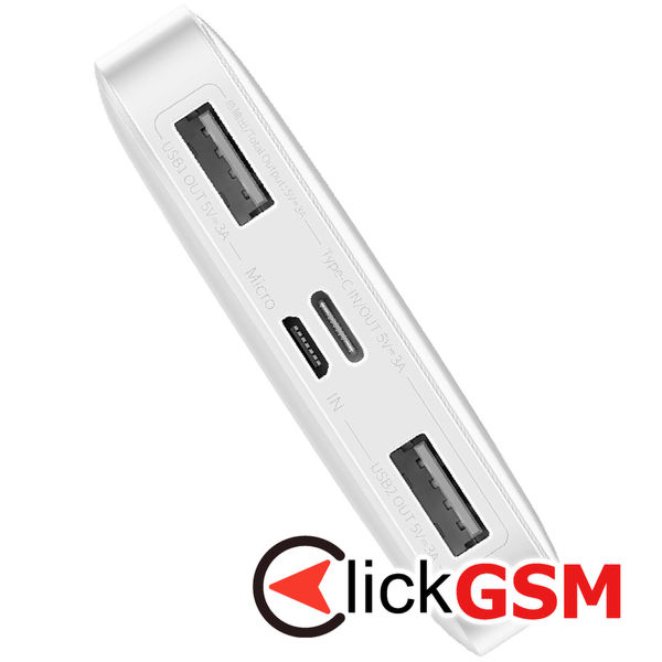 Baseus - Power Bank Bipow (PPBD050002) - Digital Display 2xUSB QC3.0, USB-C 10000mAh 15W + Cable Micro-USB 0.25m - White