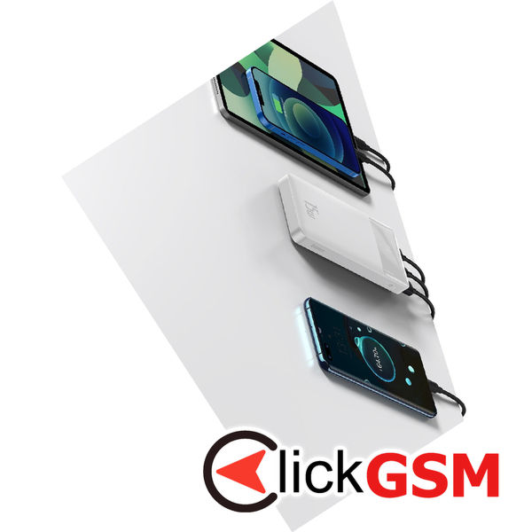 Baseus - Power Bank Bipow (PPBD050002) - Digital Display 2xUSB QC3.0, USB-C 10000mAh 15W + Cable Micro-USB 0.25m - White