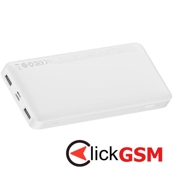 Baseus - Power Bank Bipow (PPBD050002) - Digital Display 2xUSB QC3.0, USB-C 10000mAh 15W + Cable Micro-USB 0.25m - White