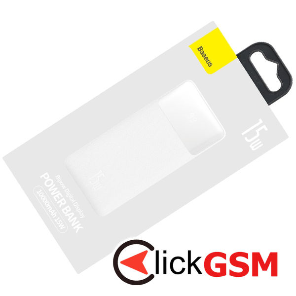 Baseus - Power Bank Bipow (PPBD050002) - Digital Display 2xUSB QC3.0, USB-C 10000mAh 15W + Cable Micro-USB 0.25m - White