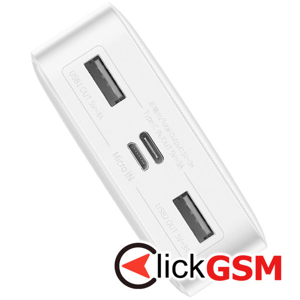 Baseus - Power Bank Bipow (PPBD050102) - Digital Display 2xUSB QC3.0, USB-C 20000mAh 15W + Cable Micro-USB 0.25m - White