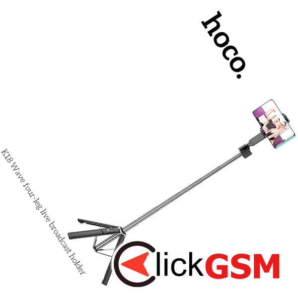 Hoco - Selfie Stick Wave (K18) - Stable, BT 4.0, with Wireless Bluetooth Remote Controller and 4 Legs, 97cm - Black