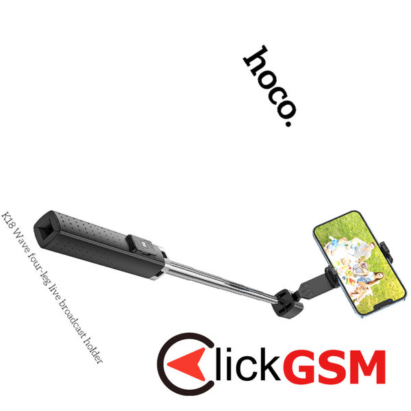 Hoco - Selfie Stick Wave (K18) - Stable, BT 4.0, with Wireless Bluetooth Remote Controller and 4 Legs, 97cm - Black