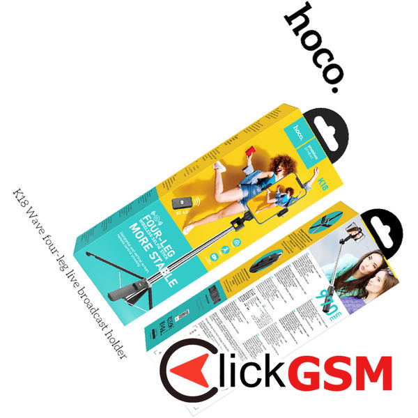 Hoco - Selfie Stick Wave (K18) - Stable, BT 4.0, with Wireless Bluetooth Remote Controller and 4 Legs, 97cm - Black