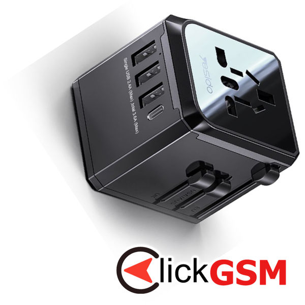 Yesido - Wall Charger (MC10) - 3x USB, Type-C, for Travel, EU, UK, US, AUS, 3.6A - Black