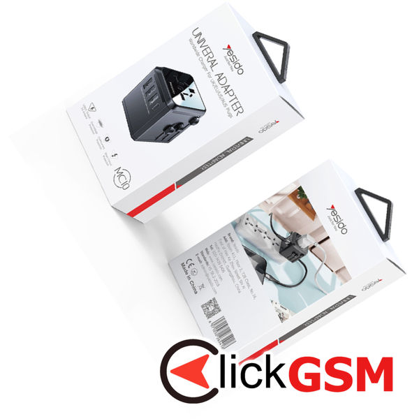 Yesido - Wall Charger (MC10) - 3x USB, Type-C, for Travel, EU, UK, US, AUS, 3.6A - Black