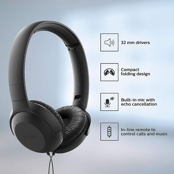 Philips - Wired Headphones (UH201BK/00) - On-Ear, Jack 3.5mm, Foldable, Microphone, Volume Control, 1.2m - Black