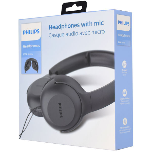 Philips - Wired Headphones (UH201BK/00) - On-Ear, Jack 3.5mm, Foldable, Microphone, Volume Control, 1.2m - Black