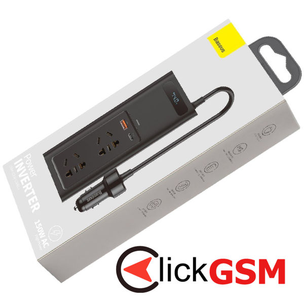 Baseus - In-Car Inverter (CRNBQ-A01) - USB, Type-C, CN/EU Plug, Digital Display, 220V, 150W - Black