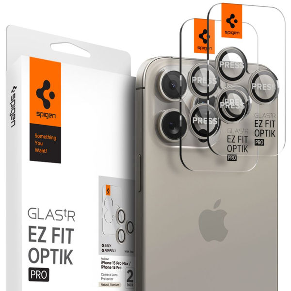 Spigen - Optik.tR EZ Fit Pro Camera Glass (2 pack) - iPhone 14 Pro / 14 Pro Max / 15 Pro / 15 Pro Max - Natural Titanium