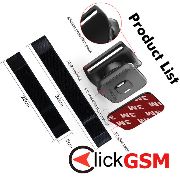 Techsuit - Sports Armband with Phone Magnetic Suction Cup (TSA2) - Velcro Mounting Strap, 3M Glue Sticker, max 6.8 - Black