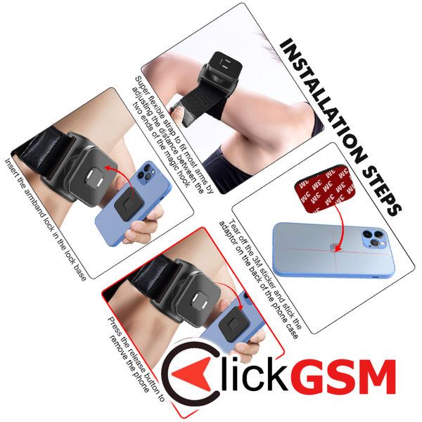 Techsuit - Sports Armband with Phone Magnetic Suction Cup (TSA2) - Velcro Mounting Strap, 3M Glue Sticker, max 6.8 - Black