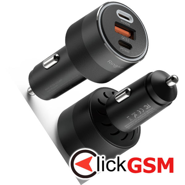 Ringke - Car Charger - USB, 2x Type-C, PD30W, QC3.0, with Ambiental Light - Black