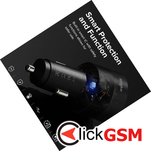 Ringke - Car Charger - USB, 2x Type-C, PD30W, QC3.0, with Ambiental Light - Black